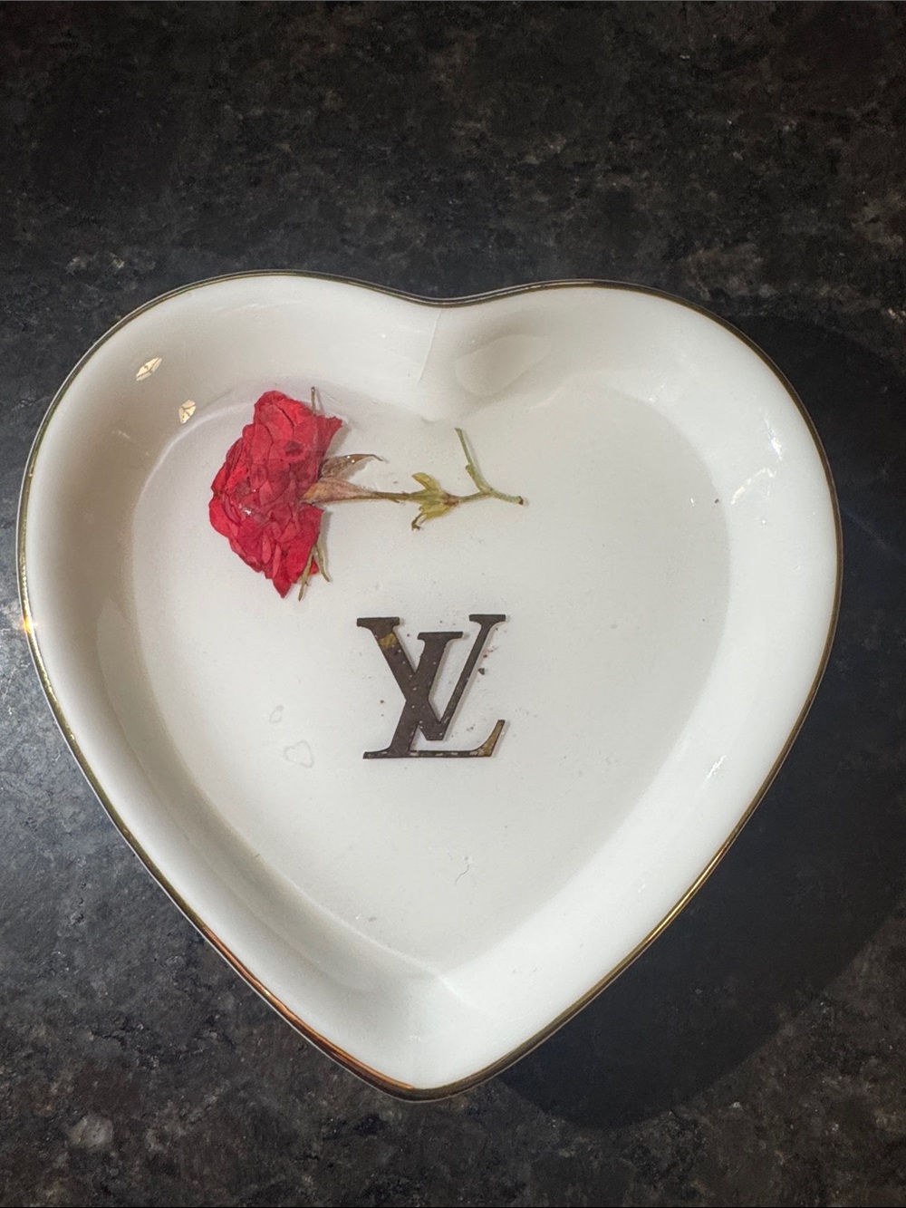 Upcycled Louis Vuitton White Heart Trinket Dish w/ Gold Trim and Red Rose Accent